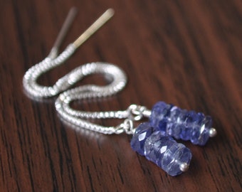 Silver Threader Earrings, Iolite Gemstones, Navy Blue Water Sapphires, Ear Threads, September Birthstone Jewelry, Free Shipping