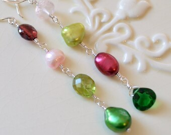 Mismatched Earrings in Sterling Silver or Gold, Fun Holiday Jewelry, Mismatch Earrings, Peridot Garnet Rose Quartz and Pearl