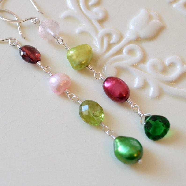 Mismatched Earrings in Sterling Silver or Gold, Fun Holiday Jewelry, Mismatch Earrings, Peridot Garnet Rose Quartz and Pearl image 1