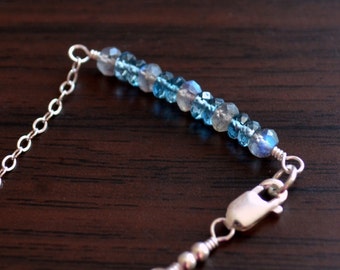 London Blue Topaz Bracelet with Labradorite in Sterling Silver, Simple Row Bracelet, Gemstone Jewelry for Women