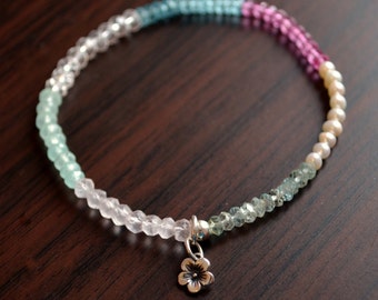Pastel Gemstone Bracelet, Stretch, Genuine Pink Topaz Apatite Chalcedony Quartz, Freshwater Pearl, Minimalist Jewelry, Free Shipping