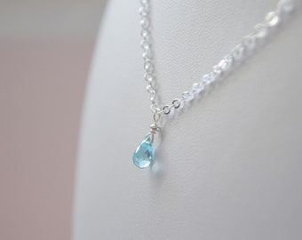Blue Zircon Teardrop Necklace: Sterling Silver December Birthstone