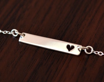 Silver Bar Necklace, Sterling Silver, Teen Jewelry, Personalized, Heart Cutout, Genuine Birthstone, Semiprecious Gemstone