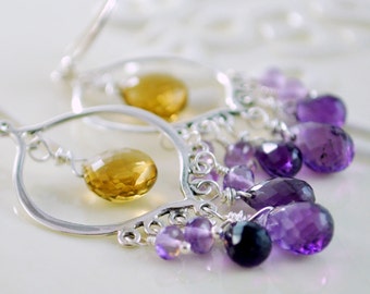 Boucles d’oreilles chandelier, argent sterling, améthyste violet, quartz de bière caramel, pierres précieuses AAA authentiques, livraison gratuite