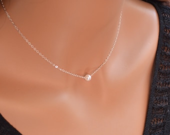 Dainty Pearl Necklace, Floating Style, Single Freshwater Choker, June Birthstone, Simple Minimalist Jewelry, Sterling Silver, Layering Piece