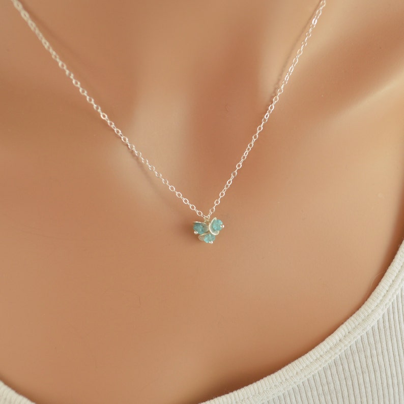 Sterling Silver Necklace, Apatite Gemstone, Aqua Blue Stone, Adjustable Length, Simple Dainty Jewelry, Free Shipping image 1