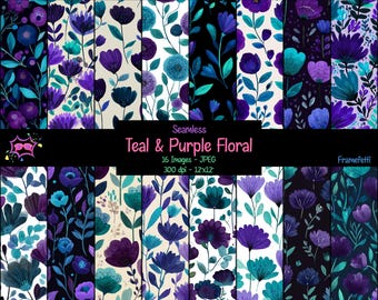 Teal & Purple Floral Seamless Digital Paper