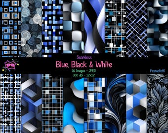May include: A collection of sixteen seamless digital papers in shades of blue, black, and white. The designs include geometric patterns, swirls, and abstract shapes. The image text reads "Seamless Blue, Black & White, 16 Images - JPEG, 300 dpi - 12x12".