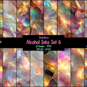 May include: A collection of sixteen seamless alcohol ink images in a set. The images feature vibrant colors including gold, purple, pink, and teal. The text "Seamless Alcohol Inks Set 6" is displayed in the image, along with the image size and resolution.