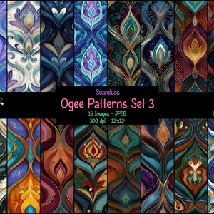 May include: A collection of sixteen seamless Ogee patterns in a variety of colors, including blue, purple, gold, and orange. The patterns feature a stylized floral design. The image includes the text "Seamless Ogee Patterns Set 3".