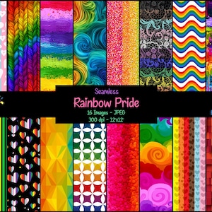 May include: A collection of 16 seamless digital papers with a rainbow pride theme. The papers feature various patterns, including stripes, hearts, geometric shapes, and abstract designs. The color palette includes vibrant hues of red, orange, yellow, green, blue, and purple. The text "Seamless Rainbow Pride" is displayed.
