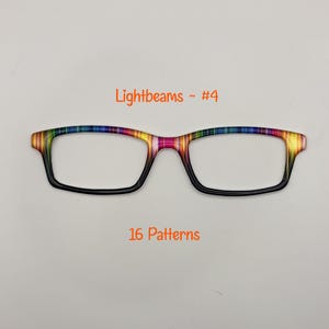 May include: Eyeglass frames with a colorful striped pattern in shades of red, yellow, blue, and green. The frames have a black outline and are labeled "Lightbeams ~ #4" and "16 Patterns".