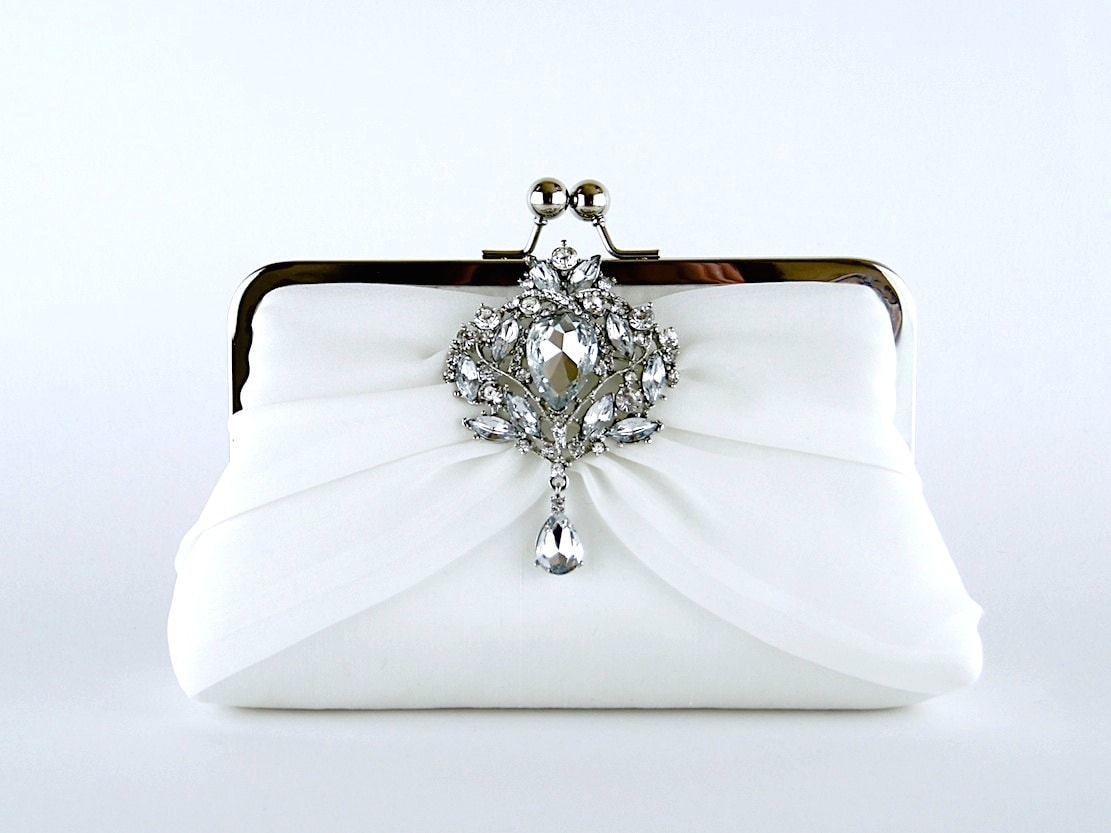 White Gold Pearls Diamante Tassels Fancy Evening Bridal Clutch Bag Purse