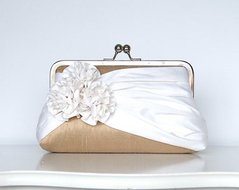 Roses Silk Bridal Clutch in Tan and Ivory