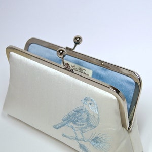 Silk Clutch with Embroidered Bluebird in IVORY or WHITE, Wedding clutch, Wedding bag, Bridal clutch, Purse for wedding image 4