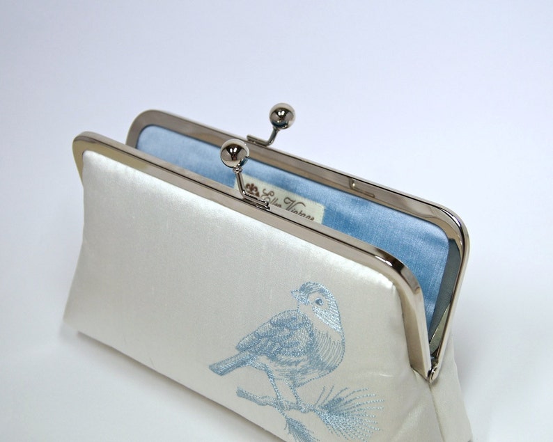 Silk Clutch with Embroidered Bluebird in IVORY or WHITE, Wedding clutch, Wedding bag, Bridal clutch, Purse for wedding image 4