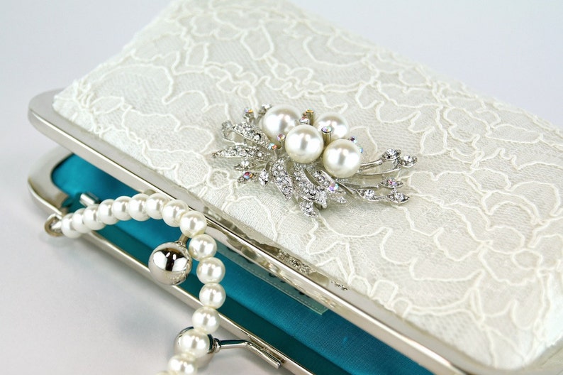 Silk Lace Clutch with Brooch, Bridal clutch, Wedding purse, Wedding clutch image 3