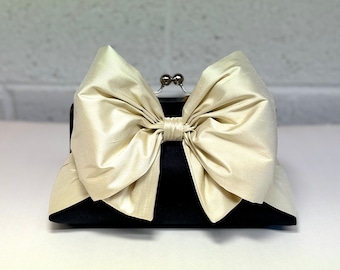 Silk Bow Clutch in Black with Cream