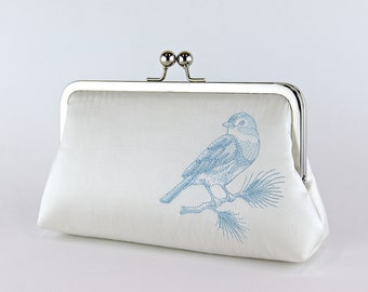 Silk Clutch with Embroidered Bluebird in IVORY or WHITE, Wedding clutch, Wedding bag, Bridal clutch, Purse for wedding
