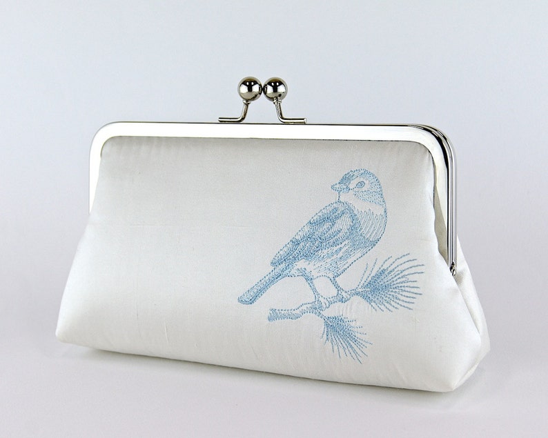 Silk Clutch with Embroidered Bluebird in IVORY or WHITE, Wedding clutch, Wedding bag, Bridal clutch, Purse for wedding image 1