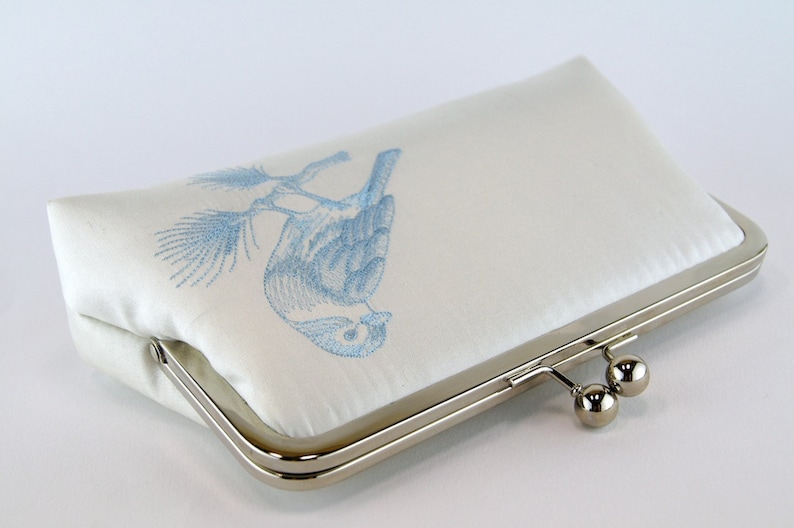 Silk Clutch with Embroidered Bluebird in IVORY or WHITE, Wedding clutch, Wedding bag, Bridal clutch, Purse for wedding image 3