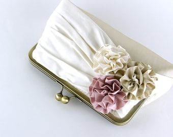 Roses Silk Clutch in Ivory, Champagne and Pink, wedding clutch, wedding bag, bridesmaid clutch, Bridal clutch