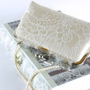 Bridal clutch, Chantilly Lace Silk Clutch in Ivory on Champagne, wedding clutch, wedding bag, Bridal clutch image 1