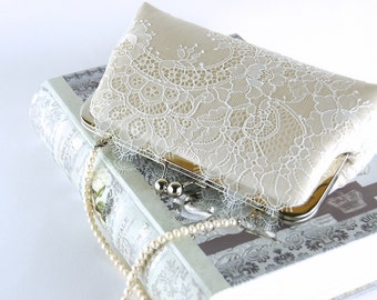 Bridal clutch, Chantilly Lace  Silk Clutch in Ivory on Champagne, wedding clutch, wedding bag, Bridal clutch