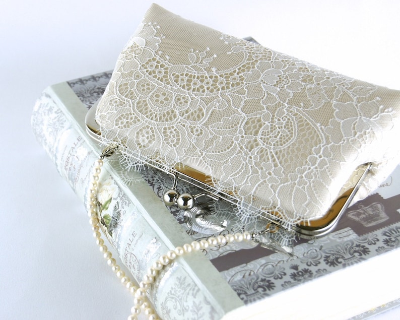 Bridal clutch, Chantilly Lace Silk Clutch in Ivory on Champagne, wedding clutch, wedding bag, Bridal clutch image 1