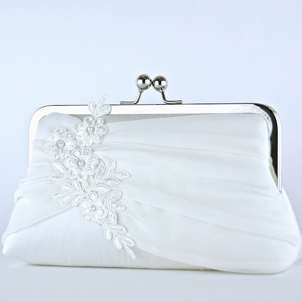 Pochette de mariée, Pochette en dentelle et mousseline de soie avec appliqués