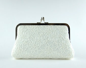 Alencon Lace Bridal Silk Clutch in Ivory