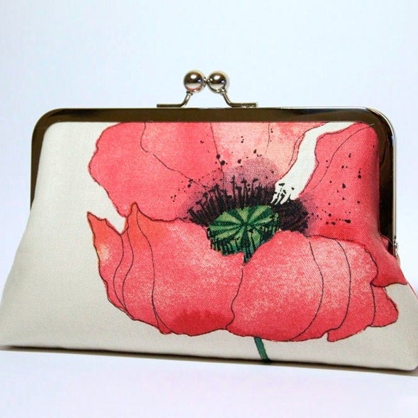 Romantic Poppy in Raspberry-red , Bridesmaid Clutch (choose your clutch and color) With Silk Lining, Wedding clutch