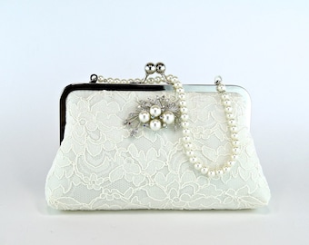 Silk Lace Clutch with Brooch, Bridal clutch, Wedding purse, Wedding clutch