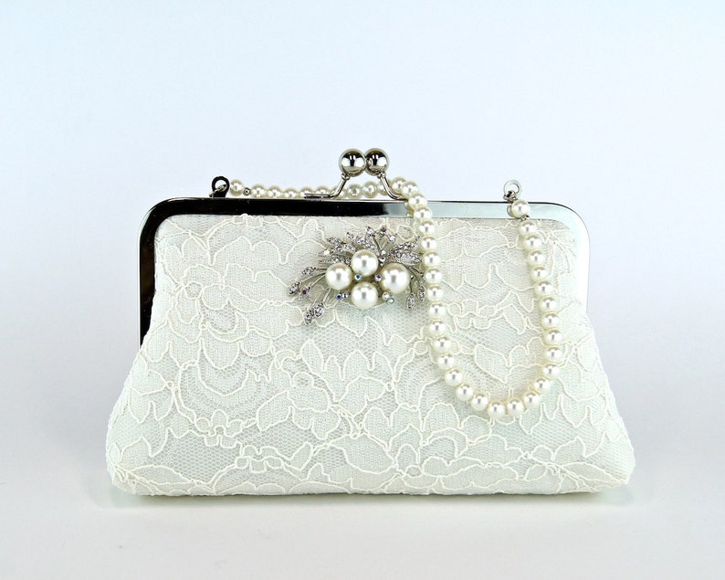 Silk Lace Clutch with Brooch, Bridal clutch, Wedding purse, Wedding clutch image 1