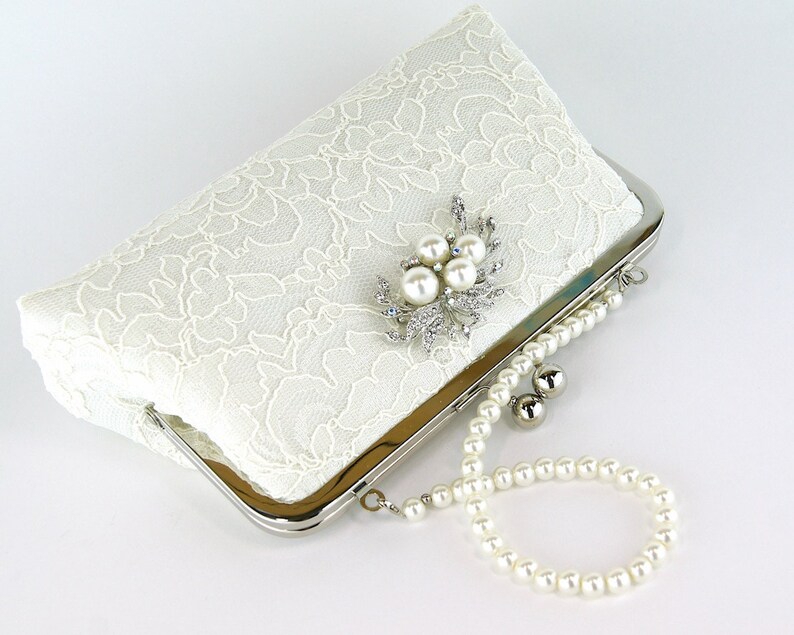 Silk Lace Clutch with Brooch, Bridal clutch, Wedding purse, Wedding clutch image 4