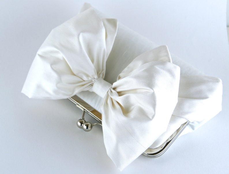 Bow Clutch in Ivory/White Silk image 4