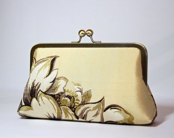 Embroidered Silk Clutch in Pale Gold