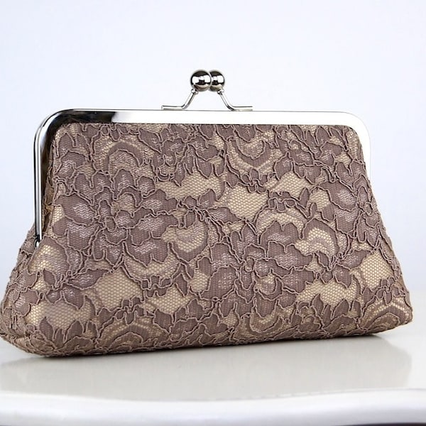 Silk Lace Clutch in Mocha and Beige or Dusty Pink, wedding clutch, wedding bag, bridesmaid clutch, Bridal clutch