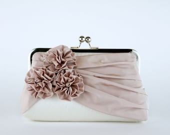 Roses Silk Bridal Clutch in Dusty Pink and Ivory, Wedding Clutch