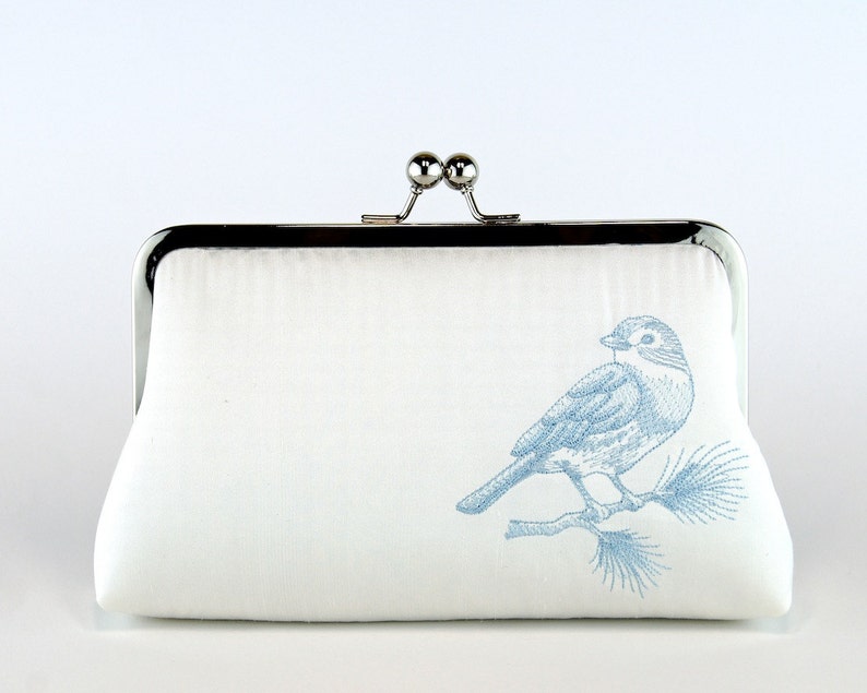 Silk Clutch with Embroidered Bluebird in IVORY or WHITE, Wedding clutch, Wedding bag, Bridal clutch, Purse for wedding image 2