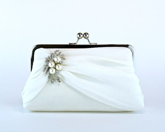 Silk Chiffon Bridal Clutch With Brooch Wedding Clutch in White or