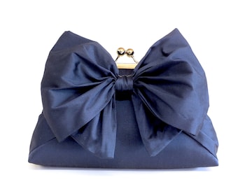 Bow Clutch in Navy Silk