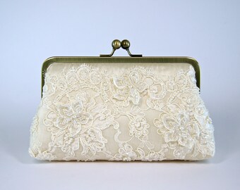 Alencon Beaded and Appliquéd Lace Silk Clutch in Old Ivory