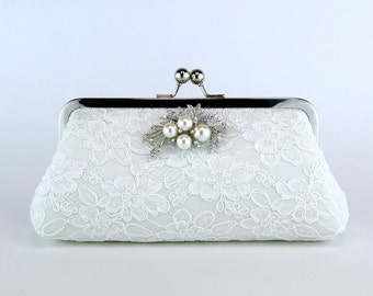 Alencon Lace Bridal Silk Clutch with Brooch in Ivory