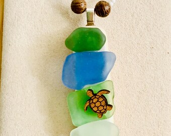 Seaglass & Sea Tumbled Tile Pendant with Laser Cut Seaturtle Necklace Seaglass Necklace Sea Life Jewelry 18.25 inches