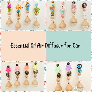 May include: A collection of hanging essential oil air diffusers for cars, featuring wooden beads, colorful silicone charms, and glass bottles with wooden caps. The text Essential Oil Air Diffuser for Car is centered in the middle of the image.