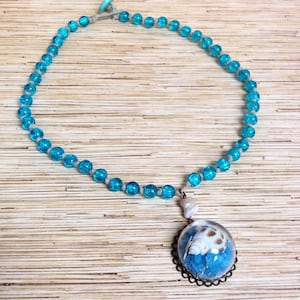 Aqua Blue Crackle Glass Knotted Hemp Necklace