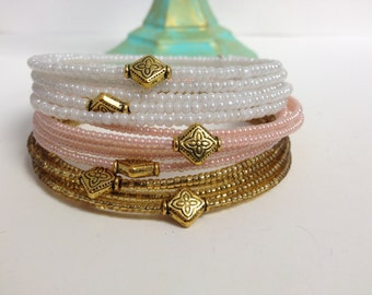 Peach, Pearl and Gold  Coil Stacking Bracelet Set of 3
