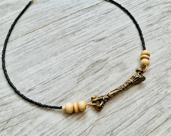 Brass Femur Bone Scrolled Design Goth Oddities Anatomy Science Medical Halloween Bone Beads Beaded Necklace 19.5 inches