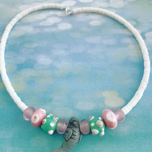 Pink and Green Bumpy Lampwork Glass Bead Manatee Necklace